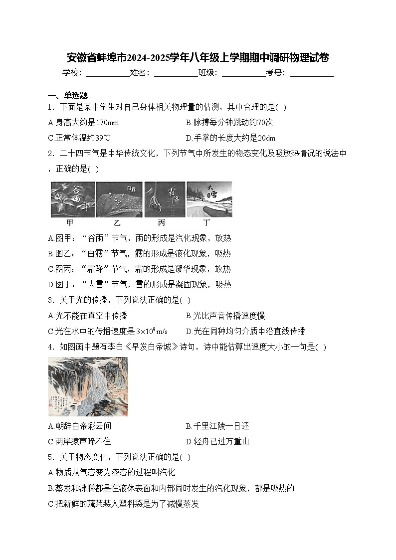 安徽省蚌埠市2024-2025学年八年级上学期期中调研物理试卷(含答案)第1页