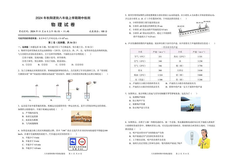 湖北省武汉市新洲区阳逻街2024-2025学年八年级上学期期中考试物理试卷第1页