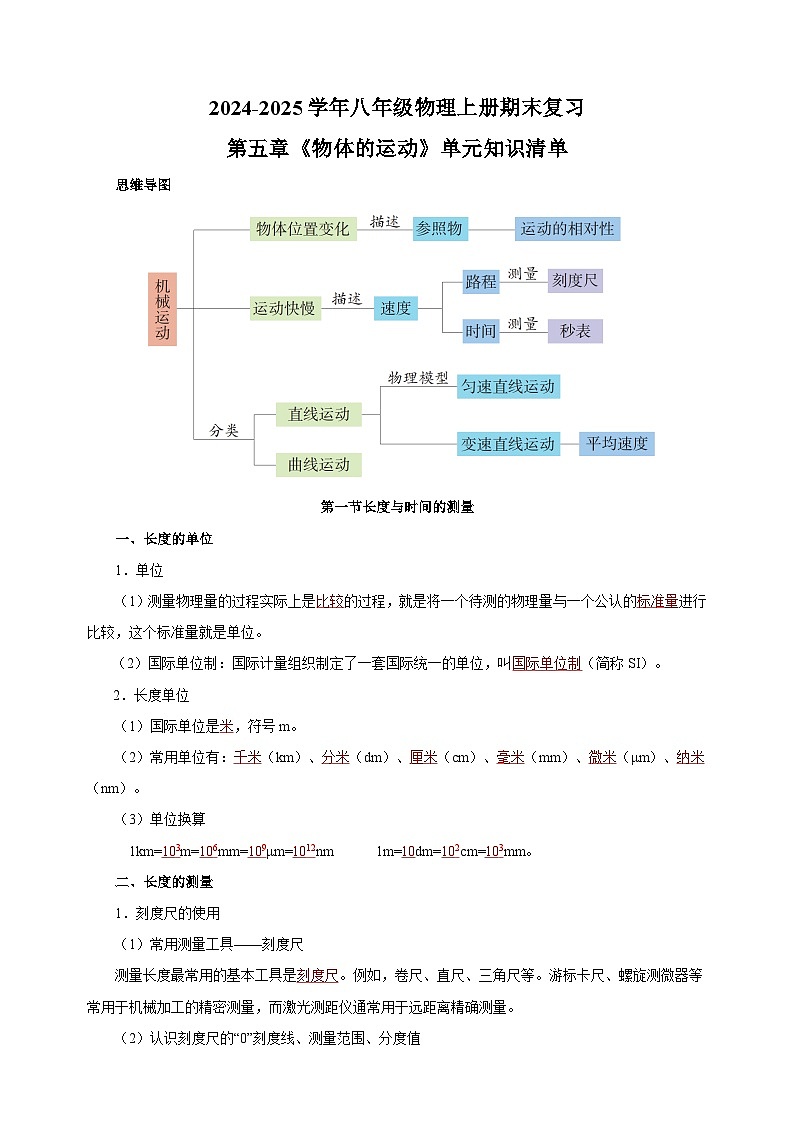 第五章《 物体的运动》-2024-2025学年八年级物理上册期末复习单元知识清单（苏科版2024）第1页