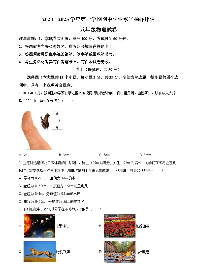 精品解析：河北省唐山市迁安市2024-2025学年八年级上学期11月期中物理试题 （原卷版）-A4第1页