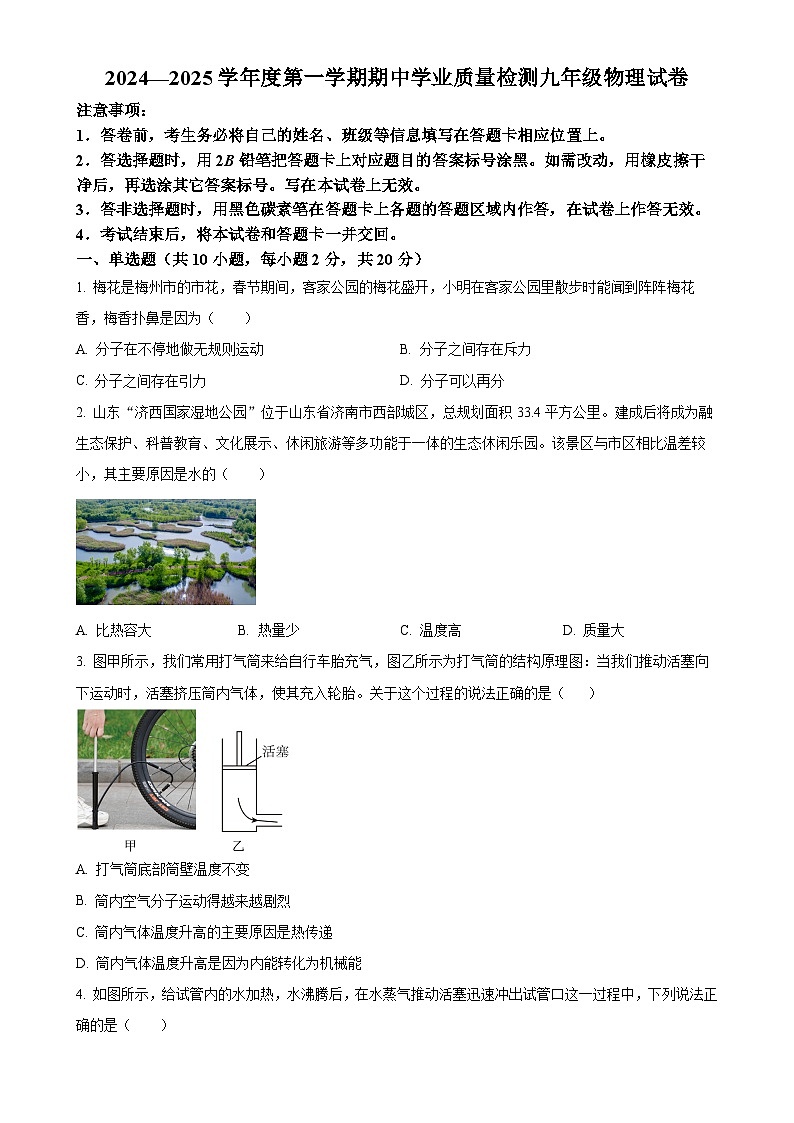 河北省邢台市任泽区2024-2025学年九年级上学期11月期中物理试题（原卷版）-A4第1页