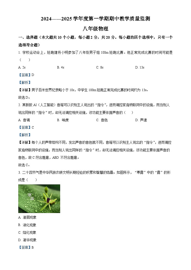 河北省保定市2024-2025学年八年级上学期期中教学质量检测物理试题（解析版）-A4第1页