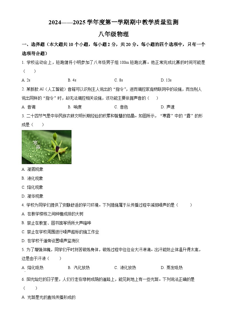 河北省保定市2024-2025学年八年级上学期期中教学质量检测物理试题（原卷版）-A4第1页