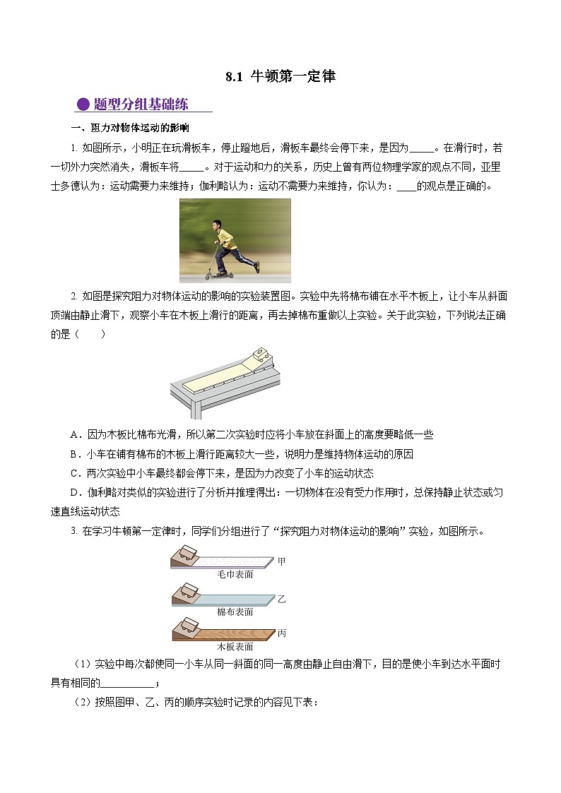 8.1 牛顿第一定律（分层作业）【原卷版】第1页