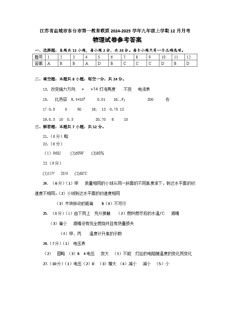 九年级物理答案第1页