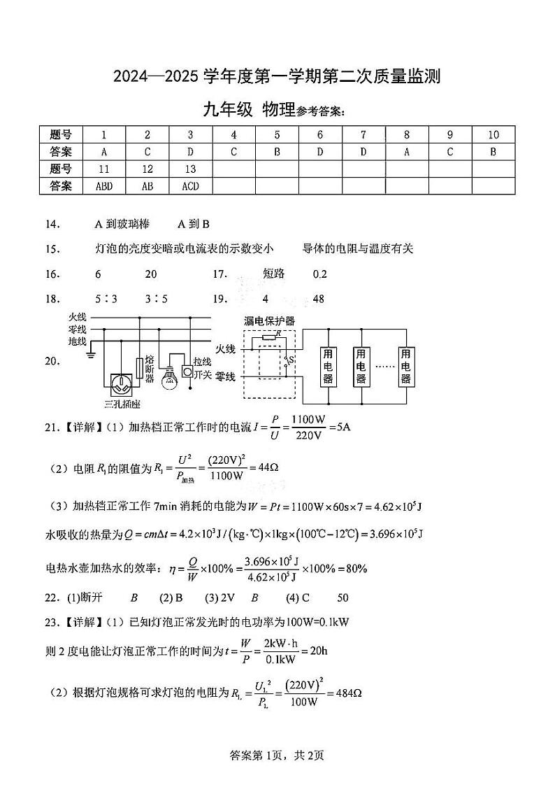 天津市南开翔宇学校24秋初三上学期物理第二次月考试答案第1页