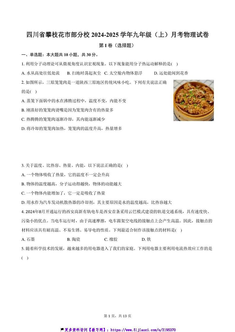 2024～2025学年四川省攀枝花市校九年级(上)月考物理试卷(含答案)第1页