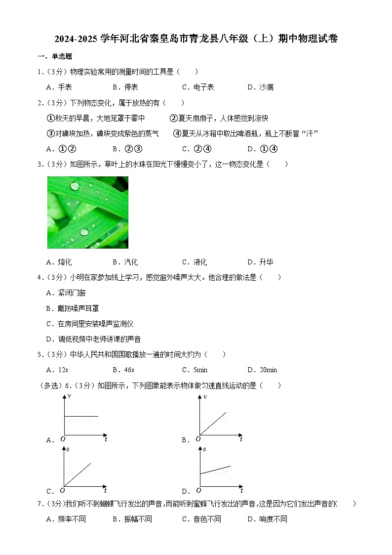 河北省秦皇岛市青龙县2024-2025学年八年级上学期期中物理试卷-A4第1页