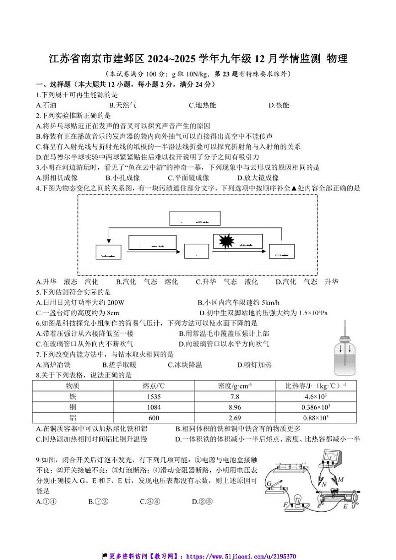 2024_2025学年江苏省南京市建邺区九年级上12月学情监测物理试卷(含答案)第1页
