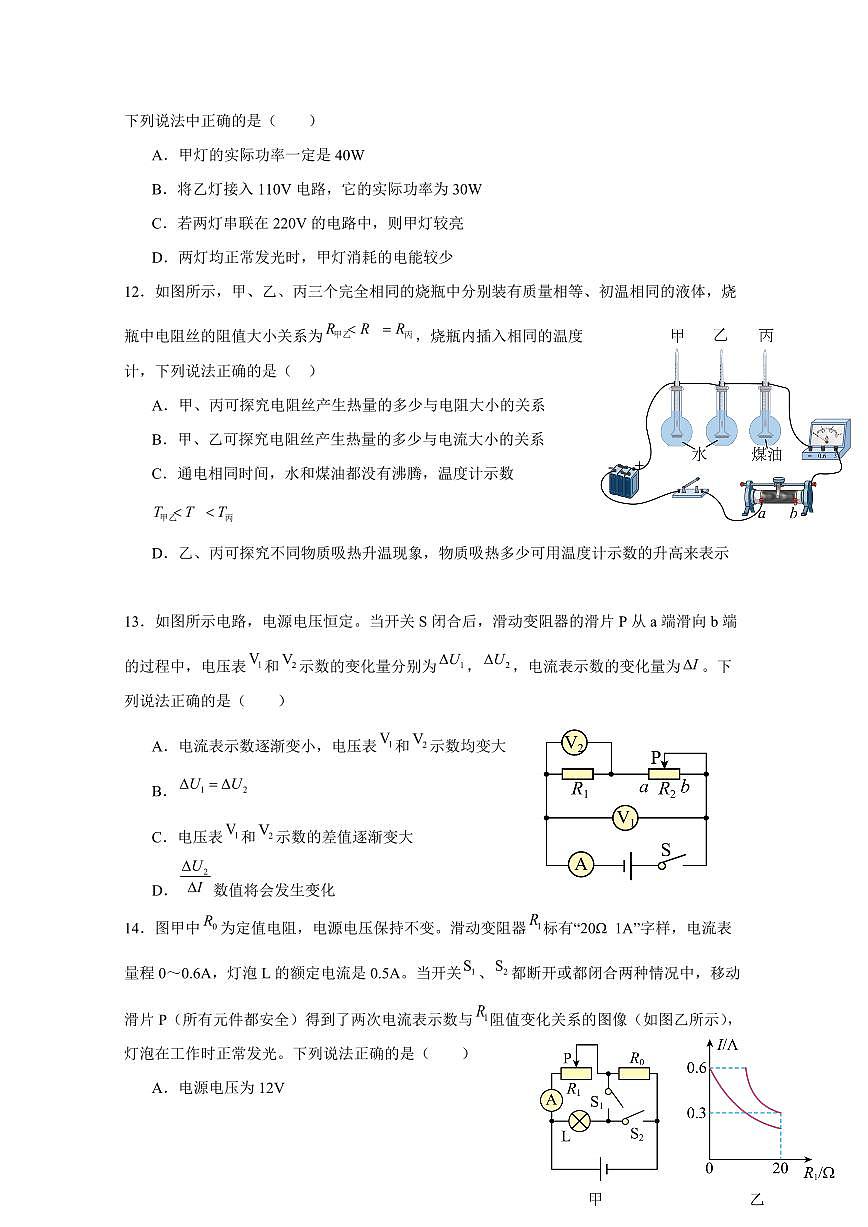 福建省福州市2024-2025学年上学期九年级物理12月月考模拟检测试卷（纯电学提高）（含答案）第3页