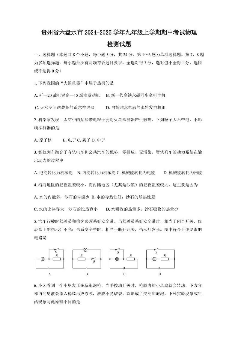 贵州省六盘水市2024-2025学年九年级上学期期中考试物理检测试题（含答案）第1页