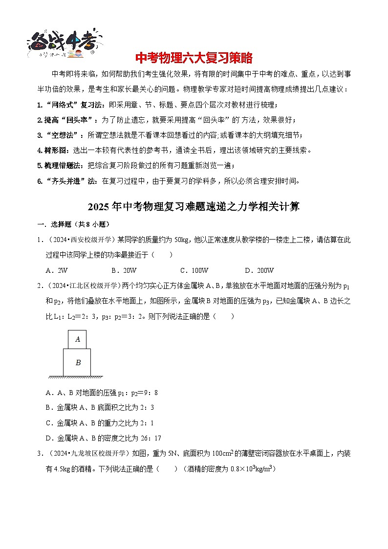 2025年中考物理二轮复习专练10 力学相关计算（含答案）第1页
