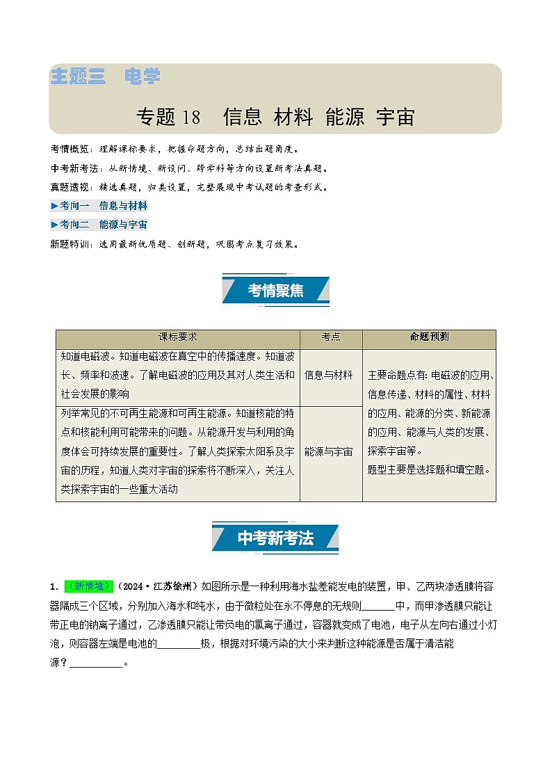 专题18  信息 材料 能源 宇宙（考情聚焦+中考新考法+真题透视2大考向+新题特训）（原卷版）第1页