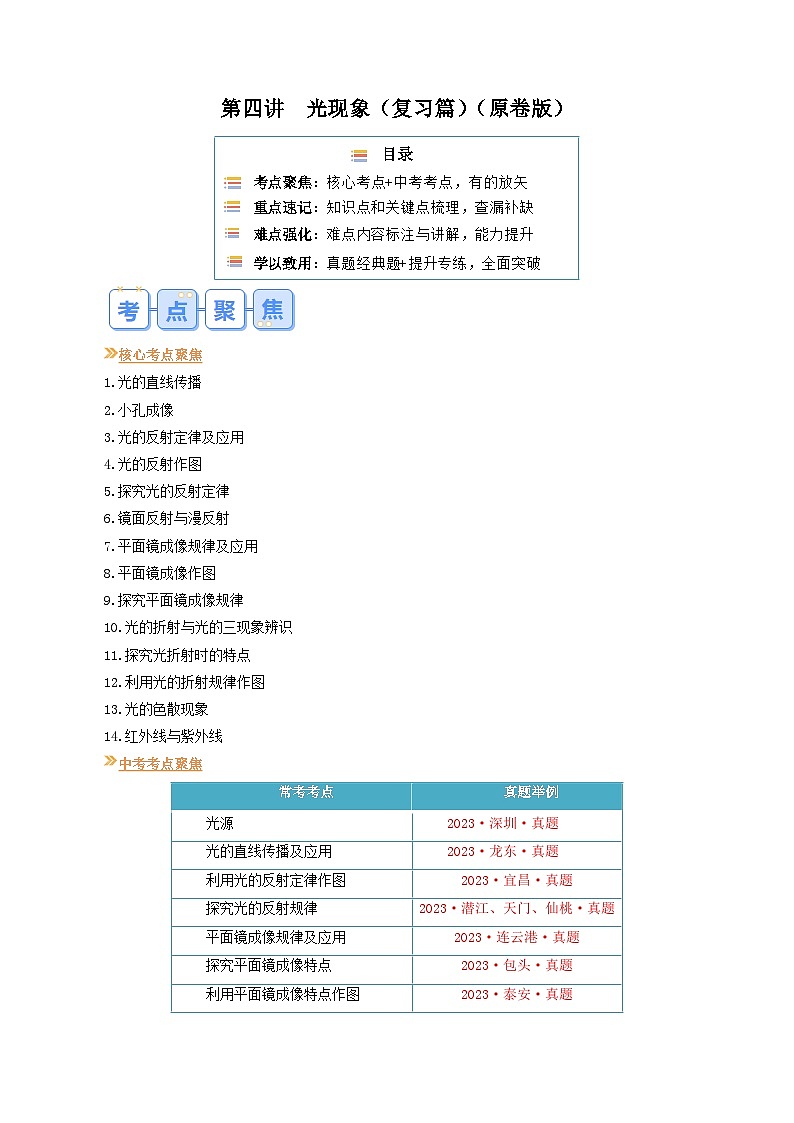 【寒假提升训练】人教版 初中物理 八年级上册 专题提升训练 第四讲  光现象（学生卷）第1页
