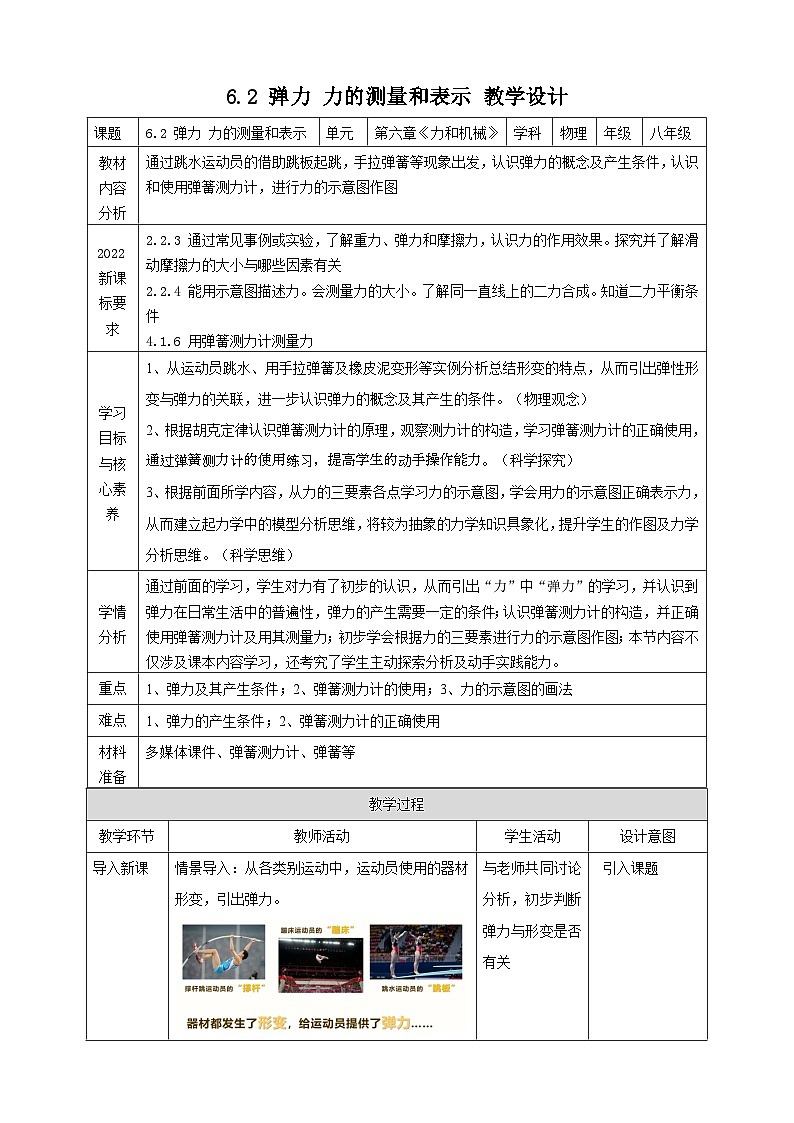 6.2 弹力 力的测量和表示  教学设计第1页
