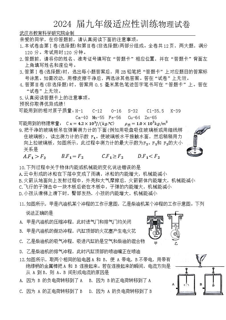 武汉教科院2024届元调九年级适应性训物理试题（word版含答案）第1页