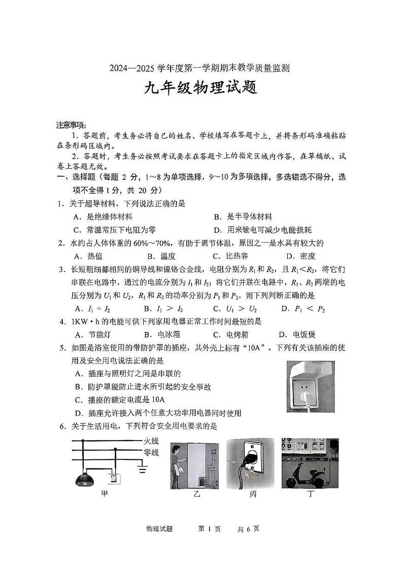 吉林省长春市九台区2024-2025学年上学期期末教学质量监测九年级物理试题第1页