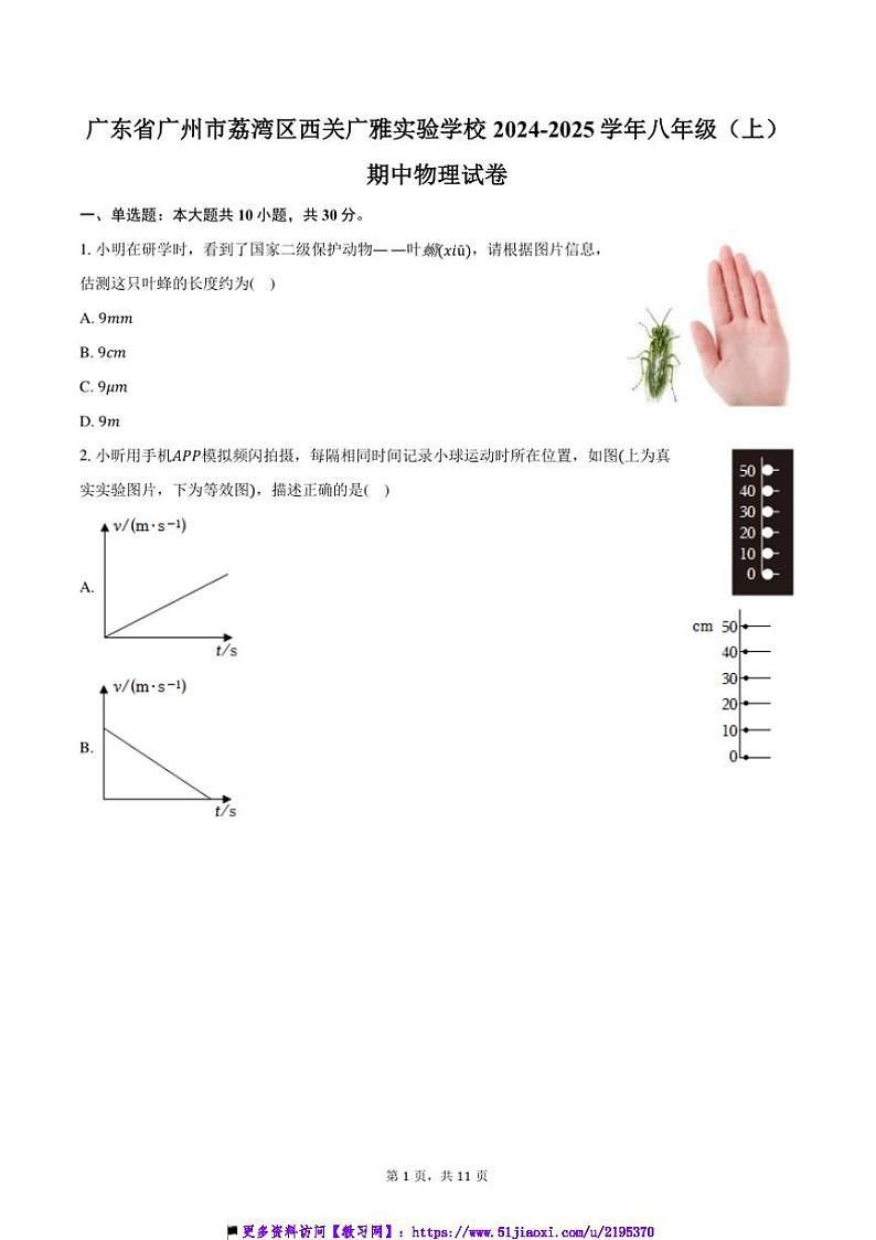 2024～2025学年广东省广州市荔湾区西关广雅实验学校八年级(上)期中物理试卷(含答案)第1页
