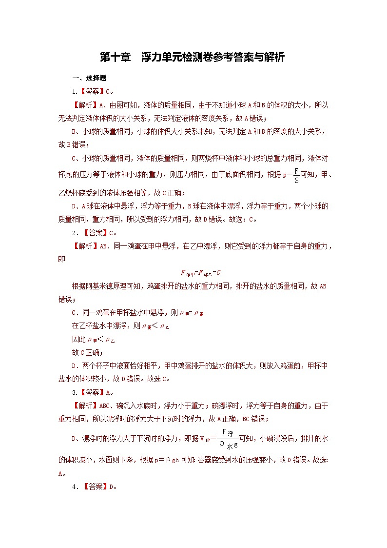 第十章  《浮力》单元检测卷（含参考答案与解析）第1页