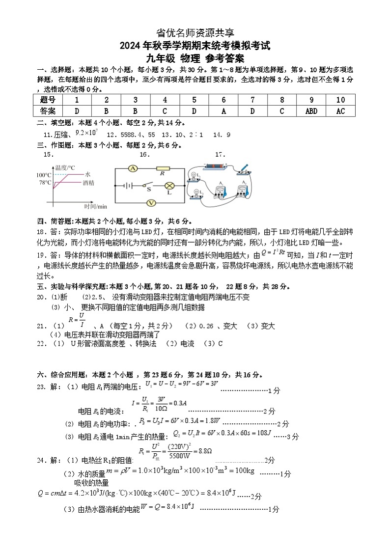 贵州省优名师资源共享2024年秋季学期九年级物理期末模拟试卷 九年级物理-参考答案第1页