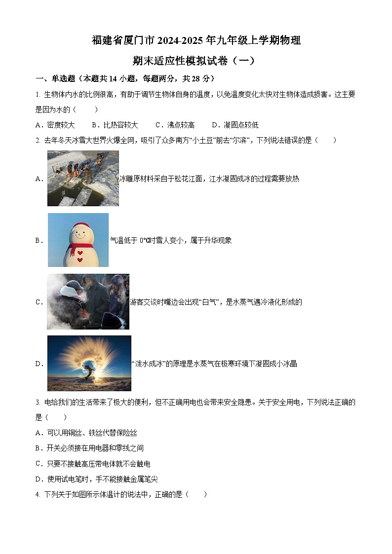 精品解析：福建省厦门市2024-2025学年九年级上学期期末适应性模拟考试物理试题（原卷版）第1页