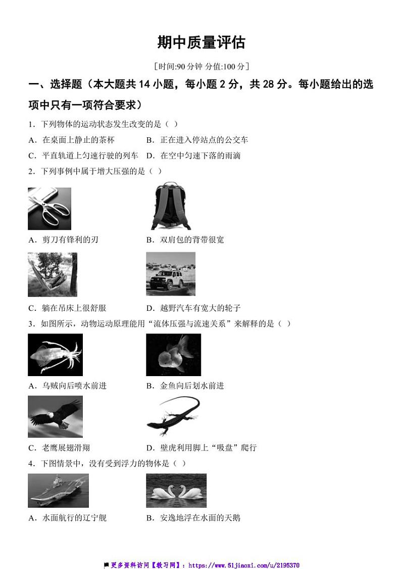 2024～2025学年期中质量评估试卷(含答案)物理沪科版八年级下册第1页