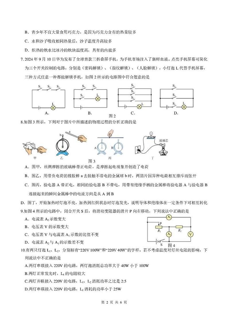 云南师范大学实验中学实验昆明湖校区2024-2025学年上学期九年级物理学科期末模拟学情检测试卷第2页
