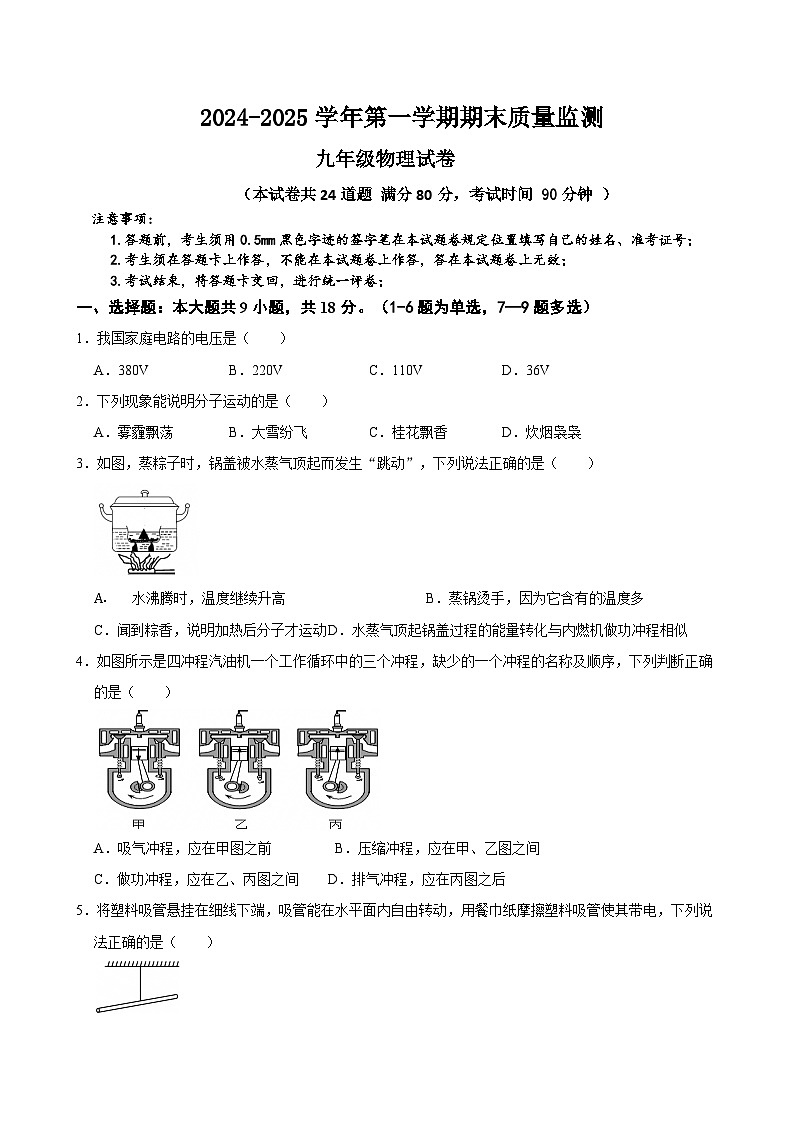 2024-2025学年九年级上学期1月期末质量监测物理试题（含答案）人教版第1页