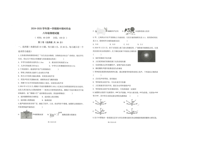 山东省东营市广饶县乐安中学2024-2025学年八年级11月期中-物理第1页