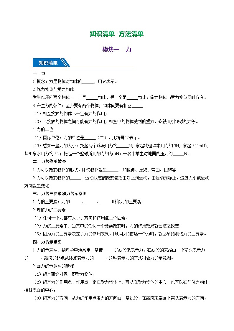 专题07 力（知识清单+方法清单）-2025年中考物理二轮复习核心知识点梳理+配套专练【学生版】第3页