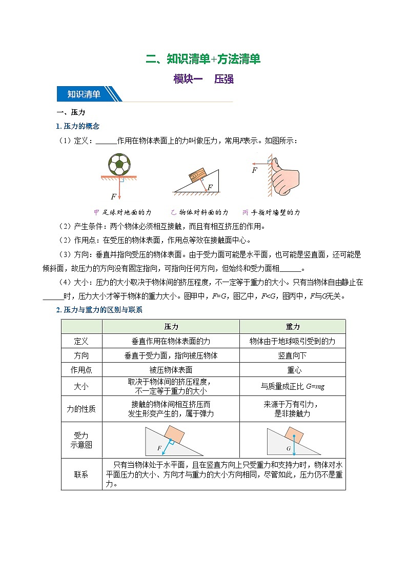 专题09 压强（知识清单+方法清单）-2025年中考物理二轮复习核心知识点梳理+配套专练【学生版】第3页