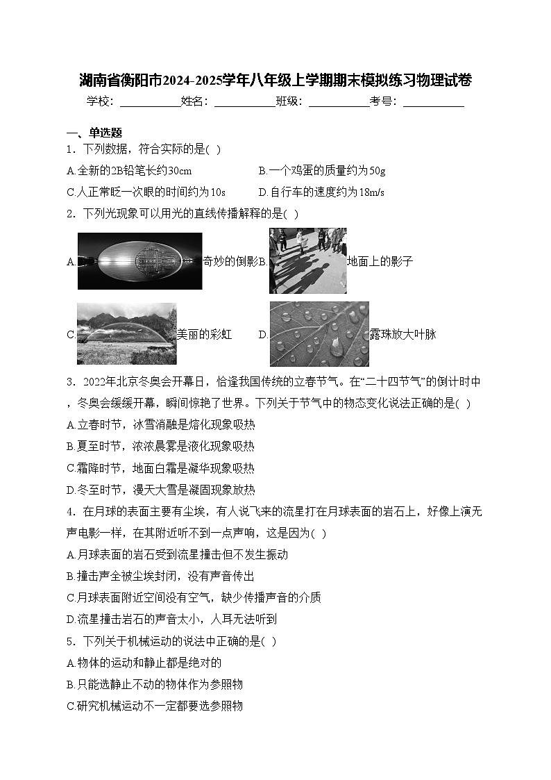 湖南省衡阳市2024-2025学年八年级上学期期末模拟练习物理试卷(含答案)第1页