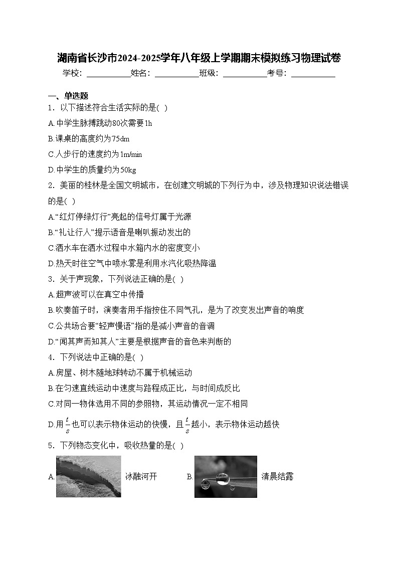 湖南省长沙市2024-2025学年八年级上学期期末模拟练习物理试卷(含答案)第1页