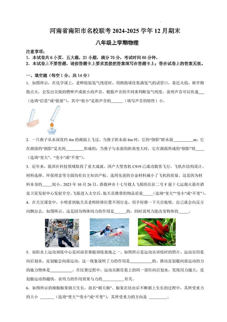 2024-2025南阳市名校联考八上期末物理试卷及答案第1页