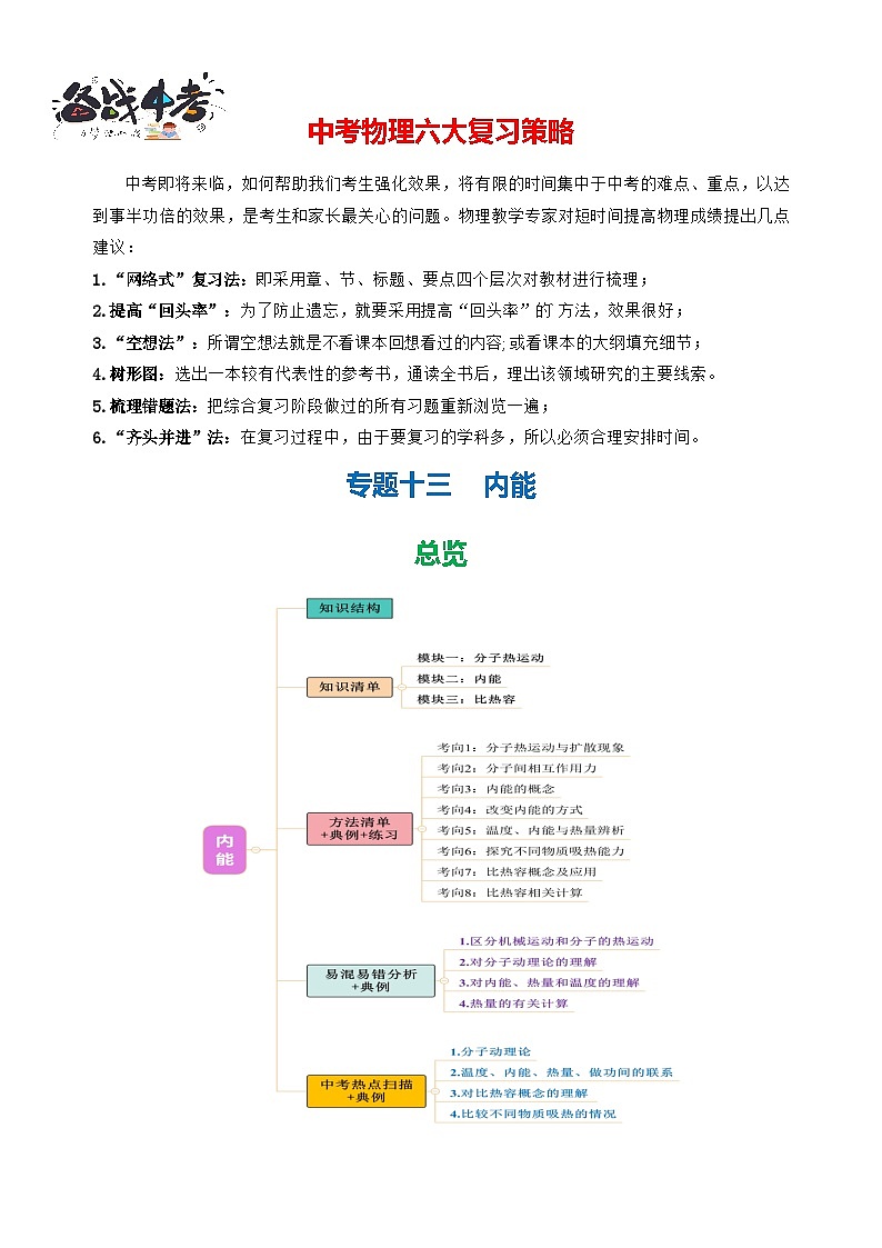 专题13  内能（知识清单+方法清单）-2025年中考物理二轮复习核心知识点梳理+配套专练【学生版】第1页