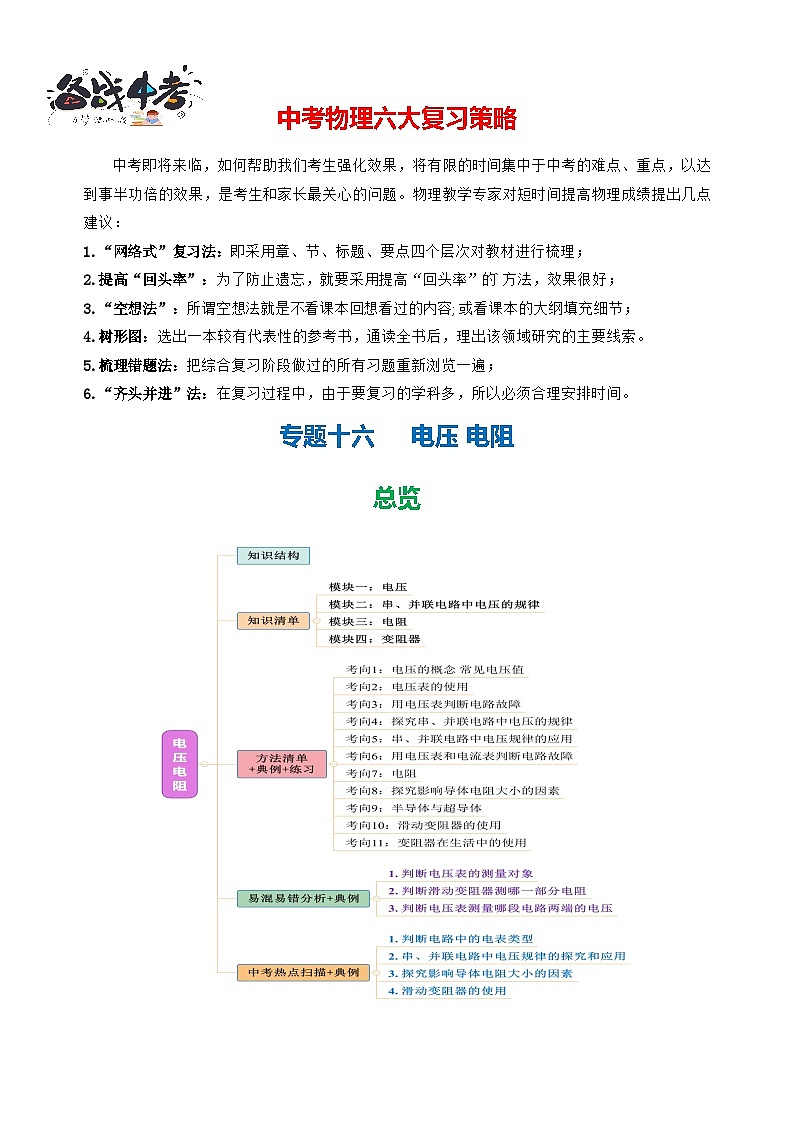 专题16 电压 电阻（知识清单+方法清单）-2025年中考物理二轮复习核心知识点梳理+配套专练【教师版】第1页