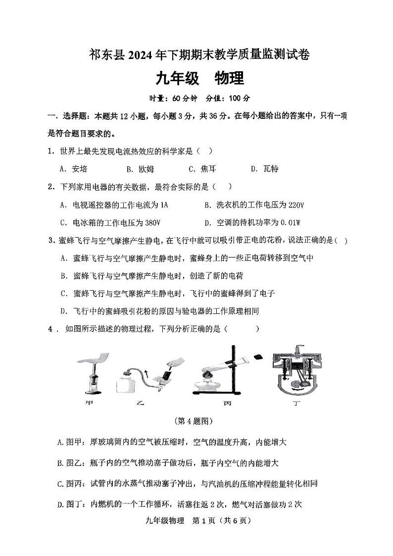 湖南省衡阳市祁东县2024-2025学年九年级上学期期末考试物理试题第1页