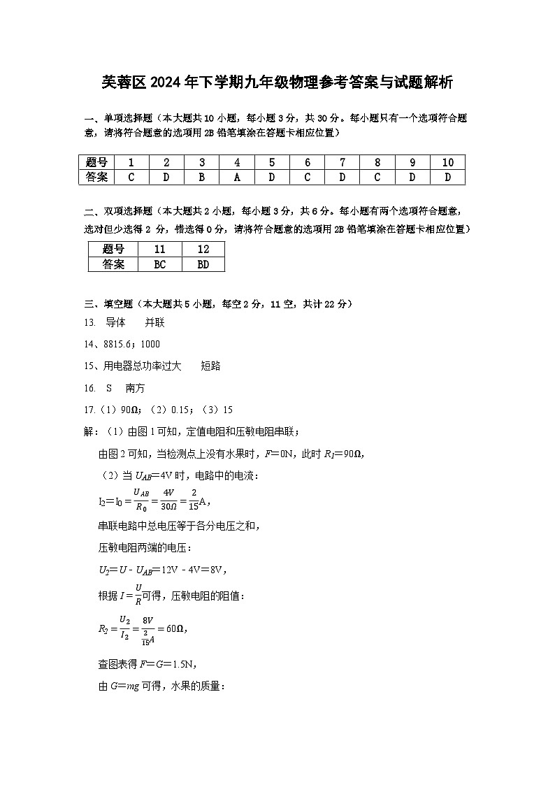 长沙市芙蓉区2024-2025学年九年级上学期期末质量调研检测物理试卷答案第1页