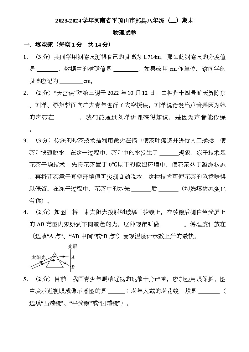 河南省平顶山市郏县2023-2024学年八年级上学期期末 物理试卷（含解析）第1页