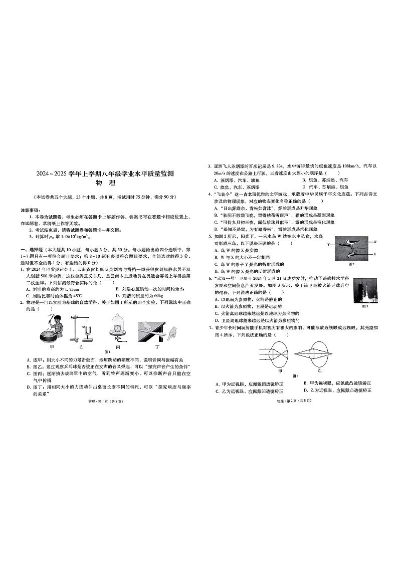 云南省文山市2024-2025学年八年级上学期学业水平质量检测物理试卷第1页