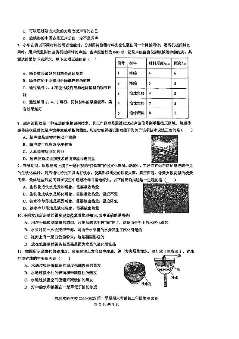 广东省深圳实验学校初中部2024-2025学年上学期八年级期末物理试卷第2页