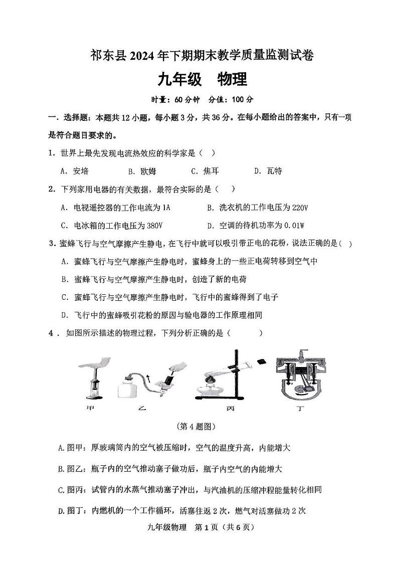 湖南省衡阳市祁东县2024-2025学年九年级上学期期末考试物理试题第1页