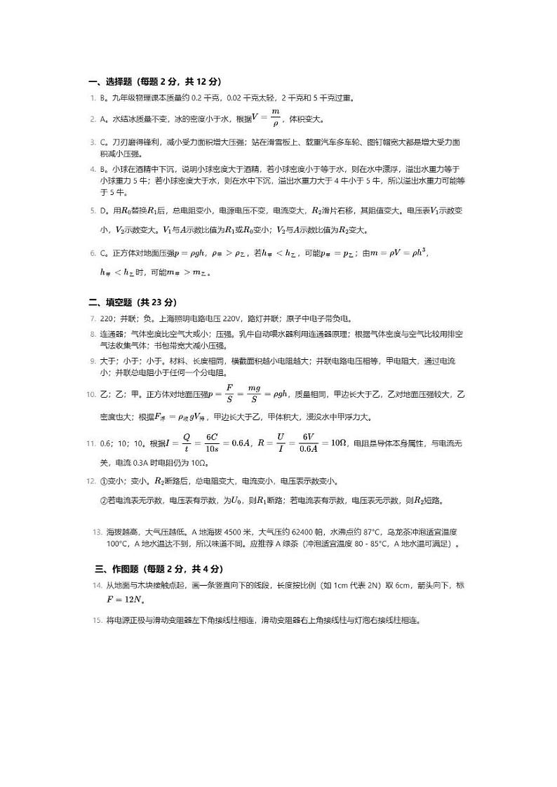 2025届上海市青浦区初三一模物理参考答案第1页