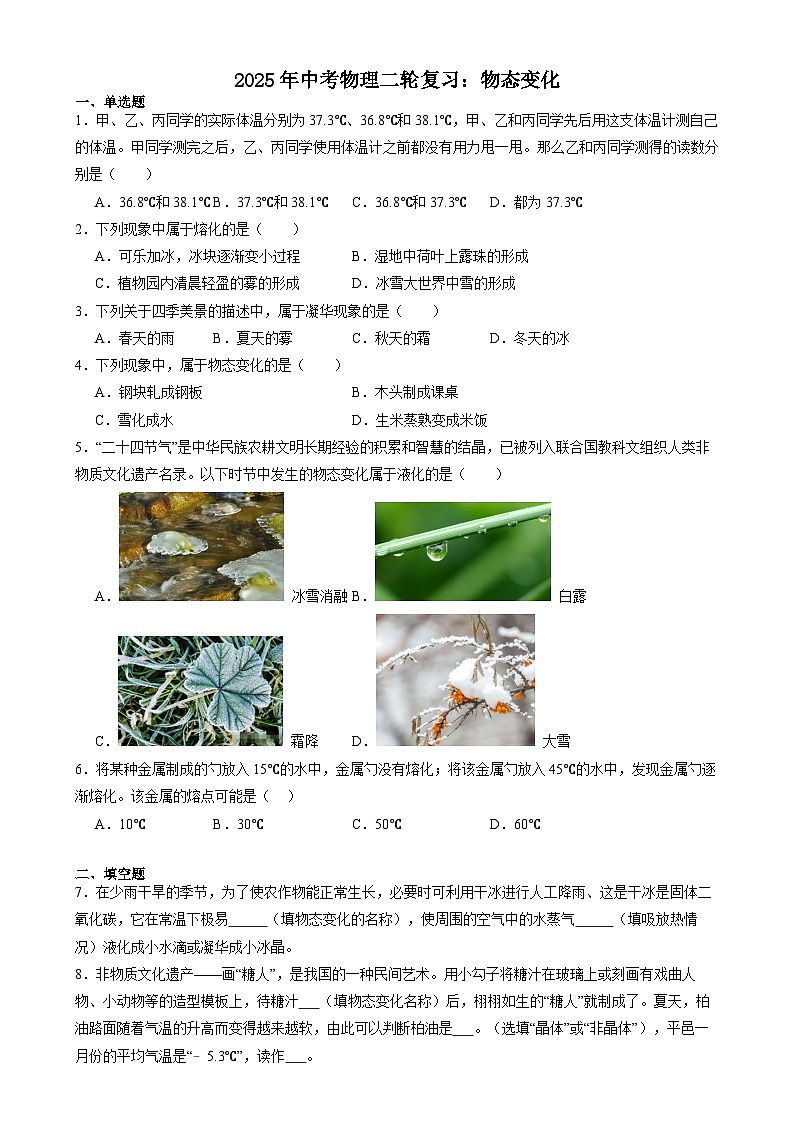 2025年中考物理二轮复习练习：物态变化第1页
