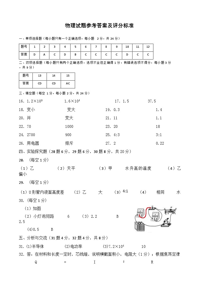 黑龙江省佳木斯市期末考试2024-2025学年九年级上学期1月期末物理试题期末答案第1页