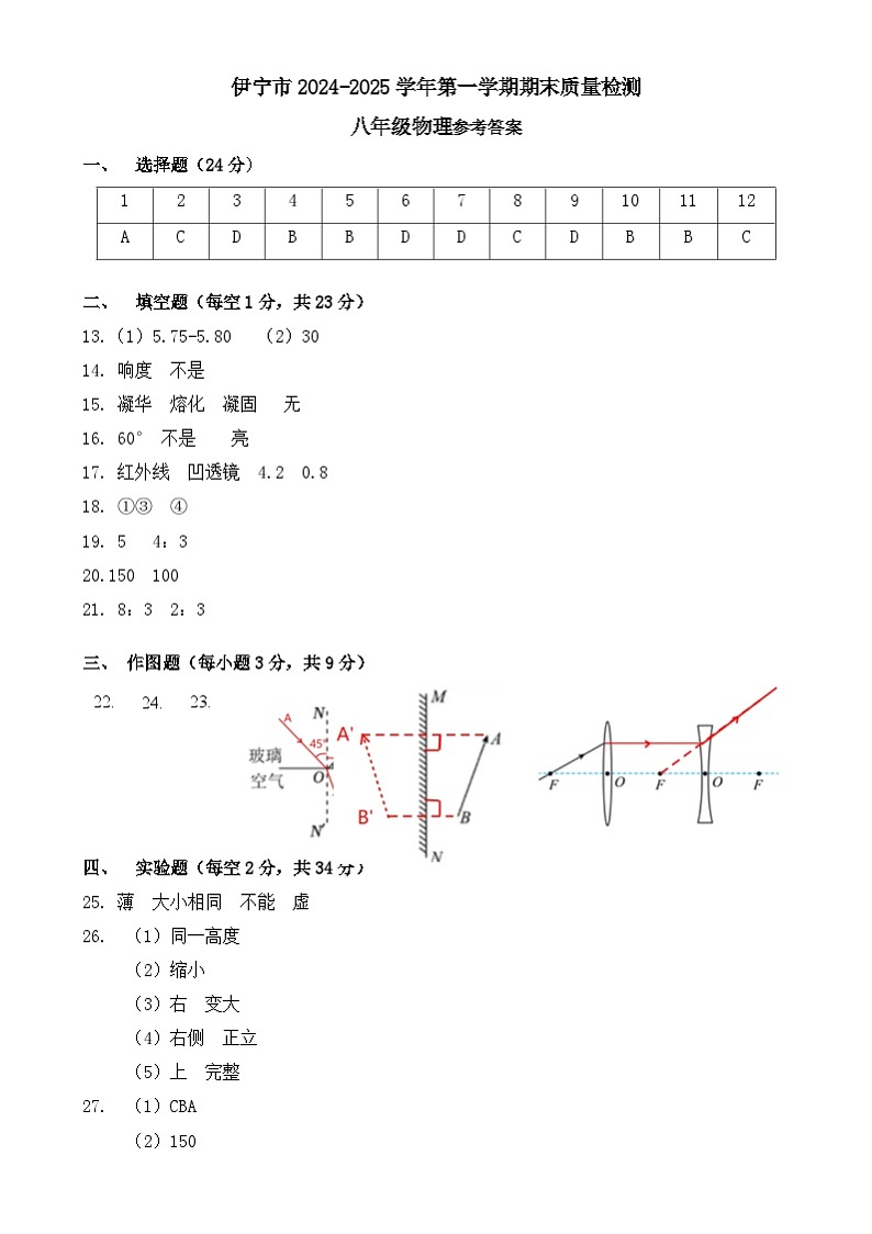 伊犁州2024-2025学年第一学期八年级物理期末试卷及答案 伊犁州2024-2025学年第一学期八年级物理期末试卷答案第1页