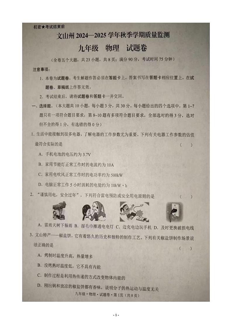 云南省文山壮族苗族自治州2024-2025学年上学期九年级物理期末试题卷第1页