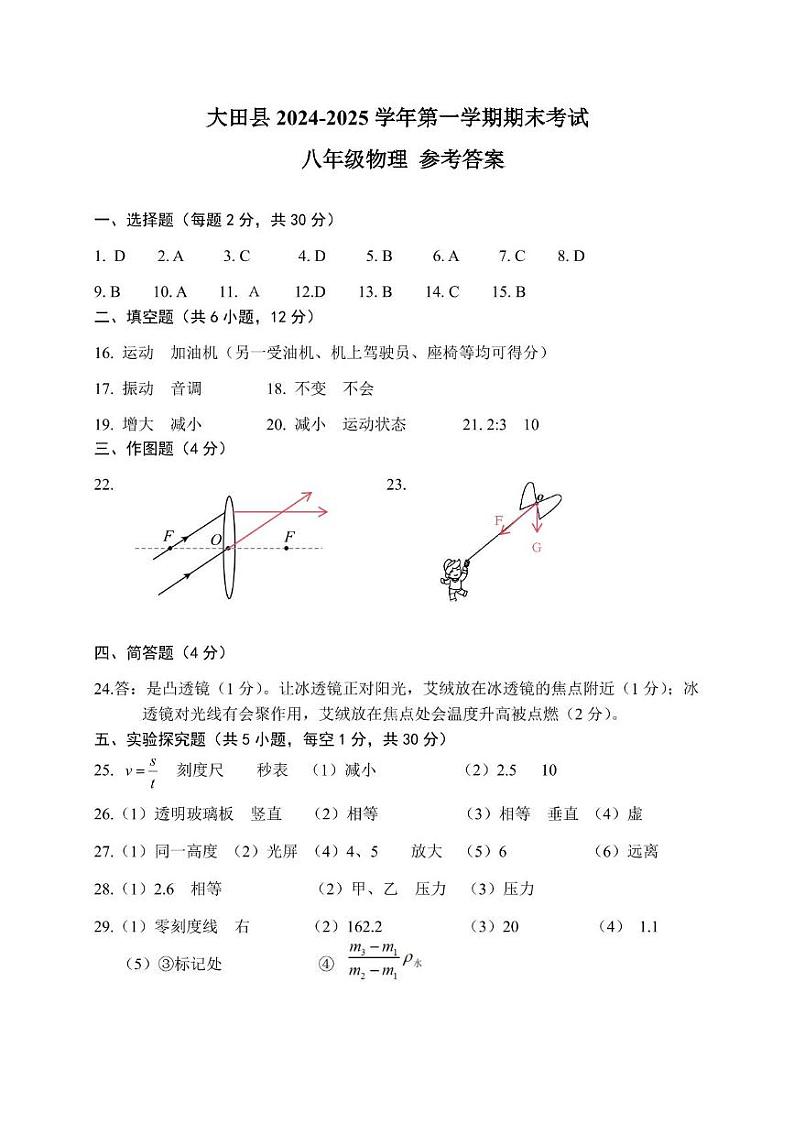 福建省三明市大田县2024-2025学年第一学期八年级物理期末考试卷及参考答案 大田县2024-2025学年第一学期八年级物理期末考参考答案第1页