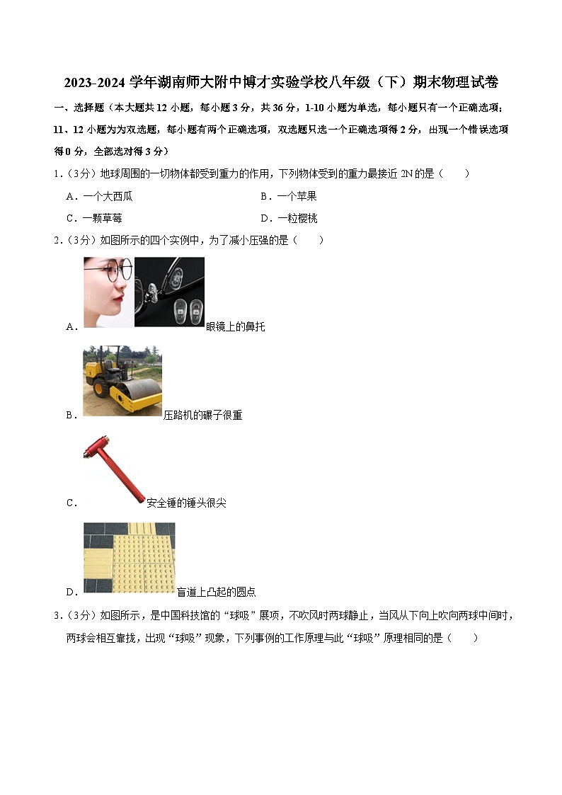 2023-2024学年湖南师大附中博才实验学校八年级（下）期末物理试卷第1页
