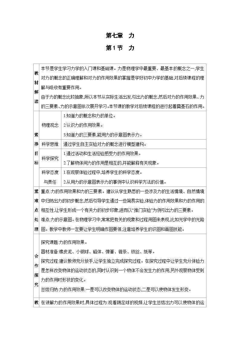 7.1　力 教案（ 表格式） 2024-2025学年度人教版物理八年级下册第1页